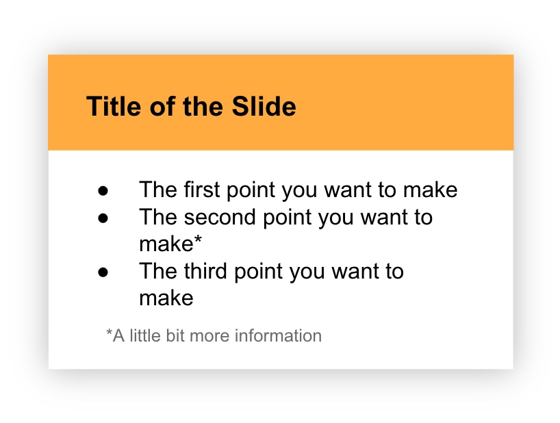 Slide that contains a large title (with a yellow banner behind), smaller bullet points below, and smallest text at the bottom