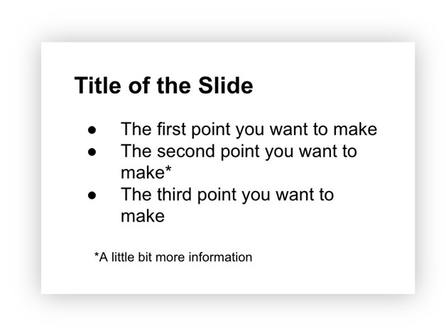 Slide that contains a large title, smaller bullet points below, and smallest text at the bottom